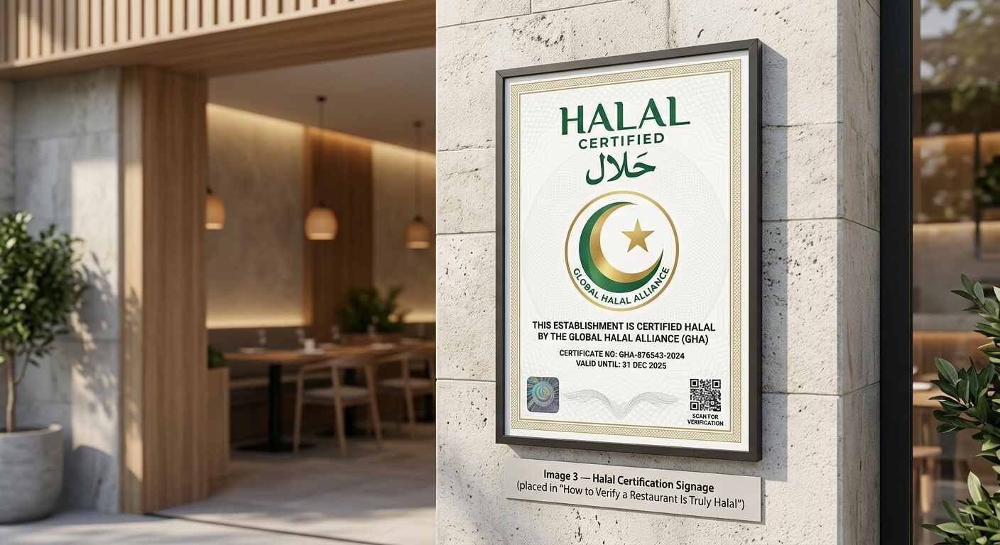 Close-up of a halal certification sign displayed near a restaurant's entrance