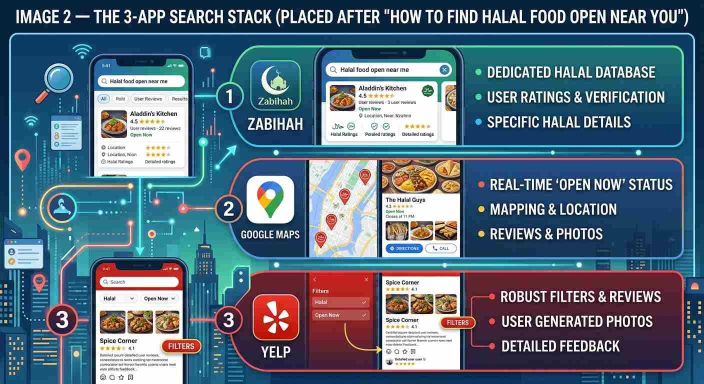 Smartphone screen showing Google Maps, DoorDash, and Zabihah open side by side to search for halal food