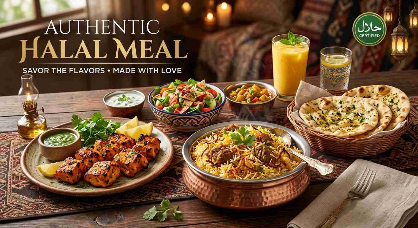 Steaming halal shawarma and biryani platter on a wooden table, ready to eat