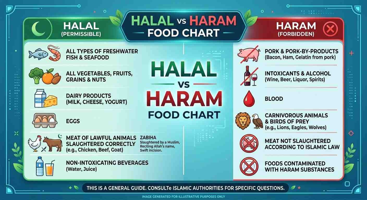 Halal vs haram food chart showing permitted foods such as fruit, vegetables, fish and halal meat, and forbidden foods such as pork and alcohol