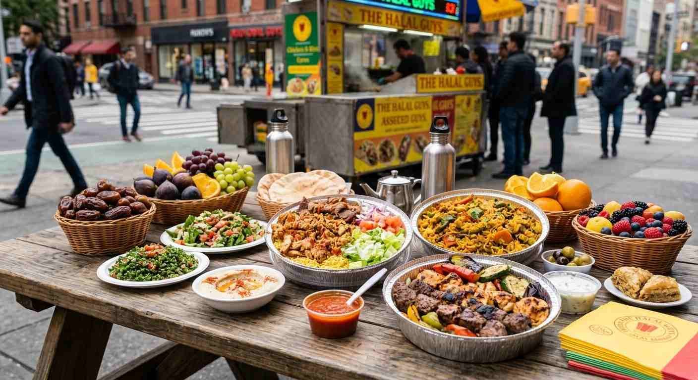 Assortment of halal foods including fresh fruit, rice, grilled chicken, vegetables and flatbread on a table